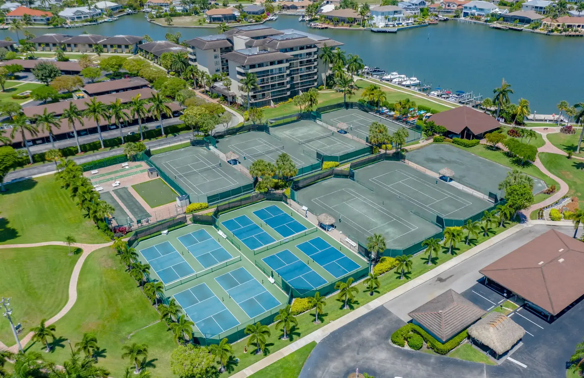 Aerial view of the South Seas tennis courts, pickleball courts, shuffleboard and waterfront